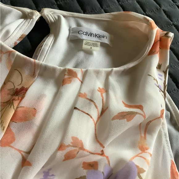 Calvin Klein Floral Chiffon Dress in Cream and Orange - Picture 3 of 5